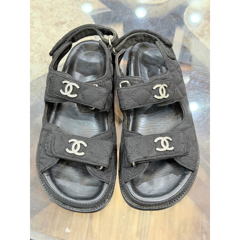 Chanel Black Quilted Fabric Dad Sandals Crystal CC Logo G31848 Size 36C Mens